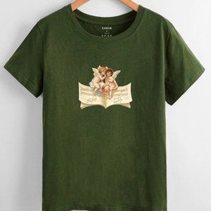 Angel And Music Note Print Graphic Tee - Army Green